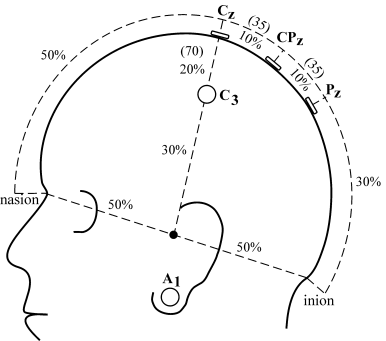 Lage der EEG - Elektroden, die gewhnlich fr Neurofeedback